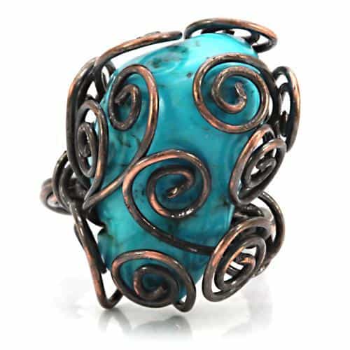 Brass Copper Turquoise Wire Spiral Cocktail Ring view 3