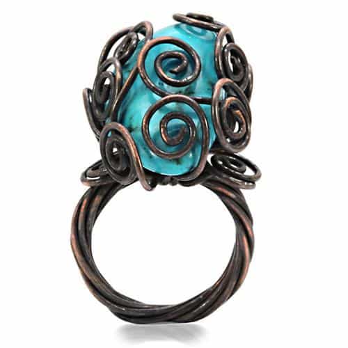 Brass Copper Turquoise Wire Spiral Cocktail Ring view 4