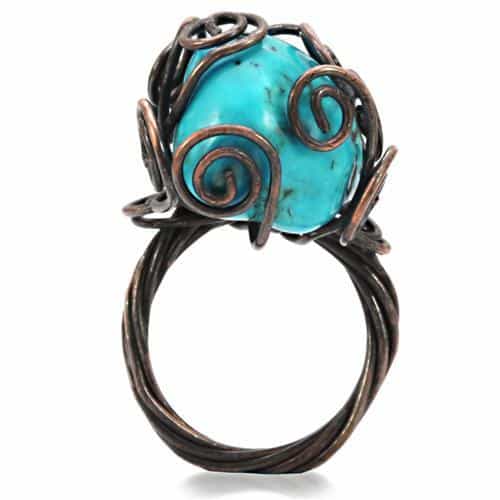 Brass Copper Turquoise Wire Spiral Cocktail Ring view 5