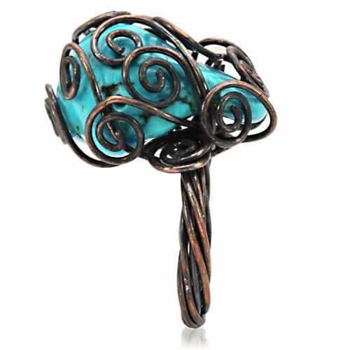 Brass Copper Turquoise Wire Spiral Cocktail Ring view 7