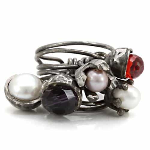 Brass Antique Silver Purple Crystal Pearl Cluster Wire Ring view 3