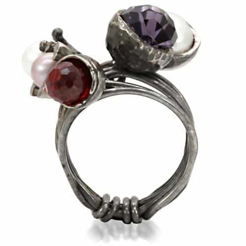 Brass Antique Silver Purple Crystal Pearl Cluster Wire Ring view 4