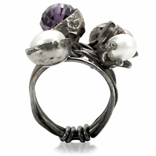 Brass Antique Silver Purple Crystal Pearl Cluster Wire Ring view 5