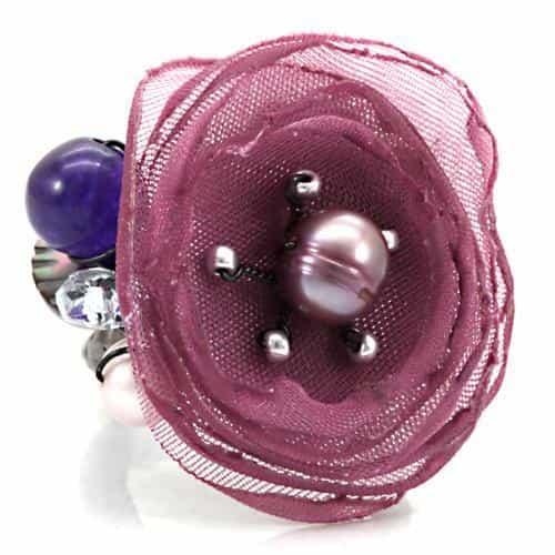 Brass Pink Organza Pearl Bead Fabric Flower Cocktail Ring view 3