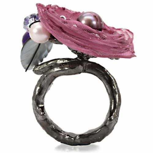 Brass Pink Organza Pearl Bead Fabric Flower Cocktail Ring view 4