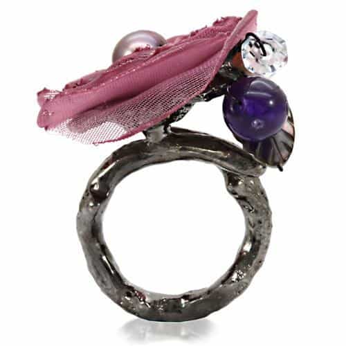 Brass Pink Organza Pearl Bead Fabric Flower Cocktail Ring view 5