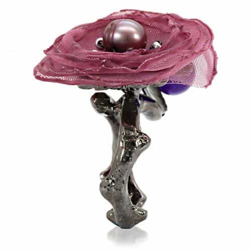 Brass Pink Organza Pearl Bead Fabric Flower Cocktail Ring view 6