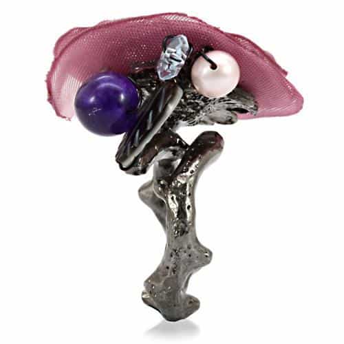Brass Pink Organza Pearl Bead Fabric Flower Cocktail Ring view 7
