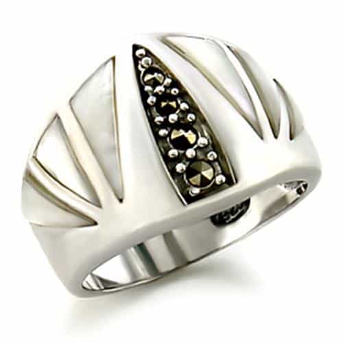 Sterling Silver Marcasite Mother of Pearl Sunburst Dome Ring view 1