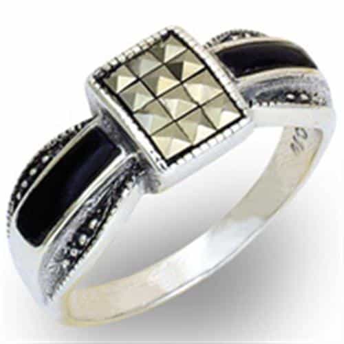 Sterling Silver Marcasite Onyx Buckle Ring view 1