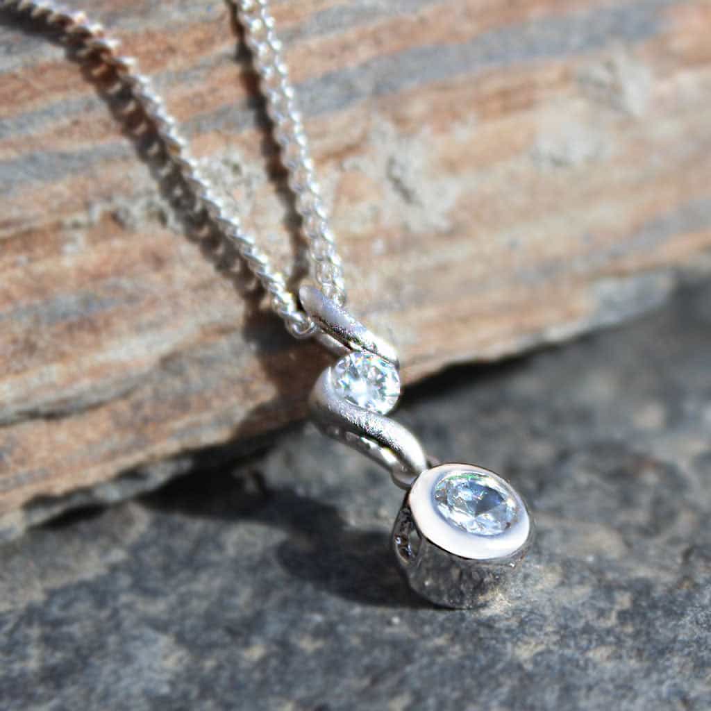 Brass Silver CZ Round Bezel Drop Pendant Necklace view 2