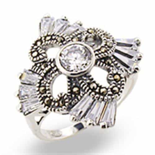Sterling Silver Marcasite CZ Baguette Starburst Ring view 2
