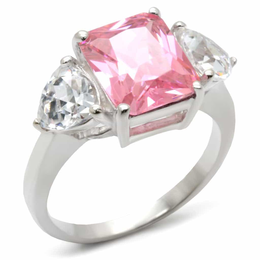 Sterling Silver Pink CZ Radiant Trillion Three-Stone Ring view 1