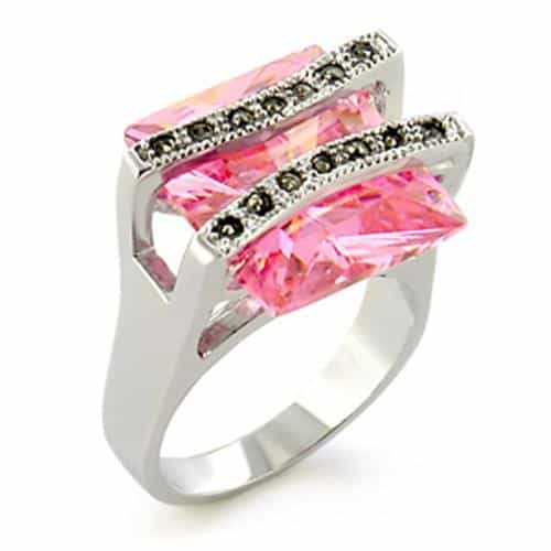 Sterling Silver Pink CZ Princess Marcasite Frame Ring view 2