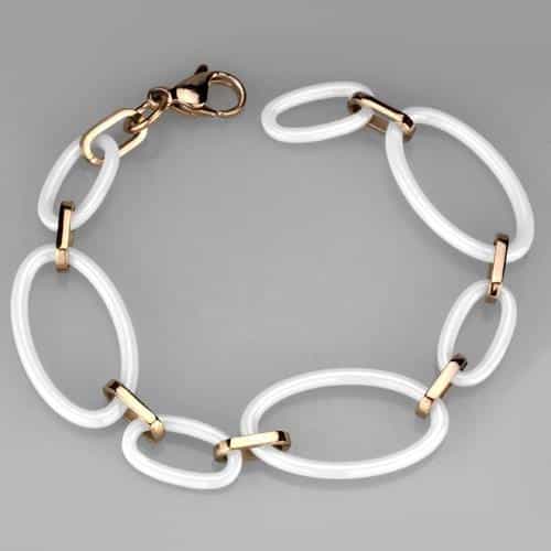 Stainless Steel Rose Gold White Ceramic Oval Link Bracelet view 6