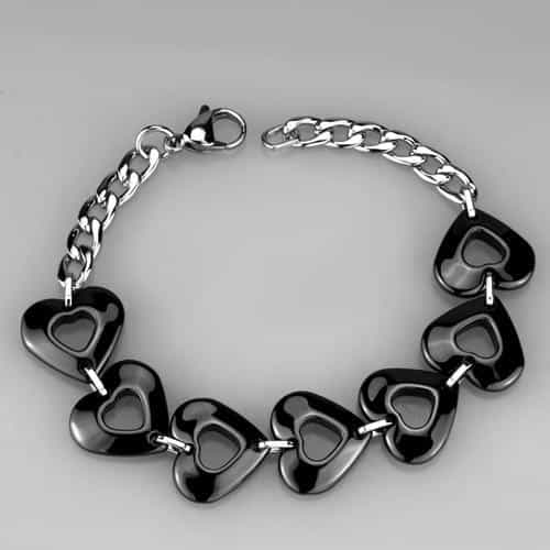 Stainless Steel Black Ceramic Heart Link Bracelet view 3