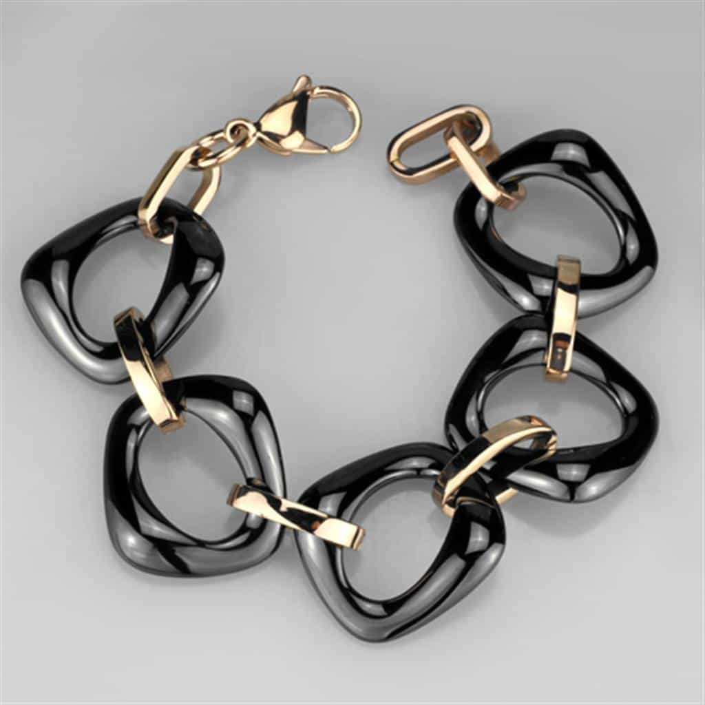 Stainless Steel Black Ceramic Open Cushion Gold Link Bracelet view 3