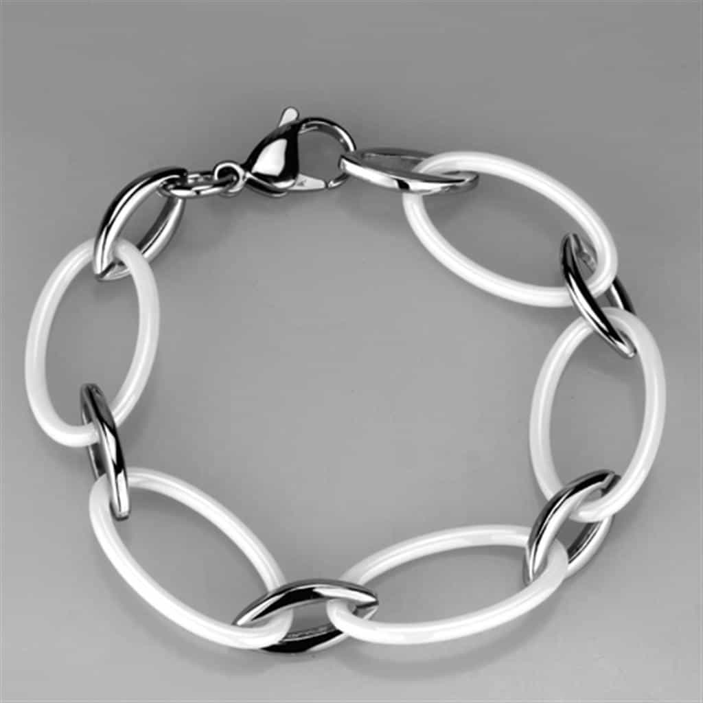 Stainless Steel White Ceramic Silver Oval Link Bracelet view 3