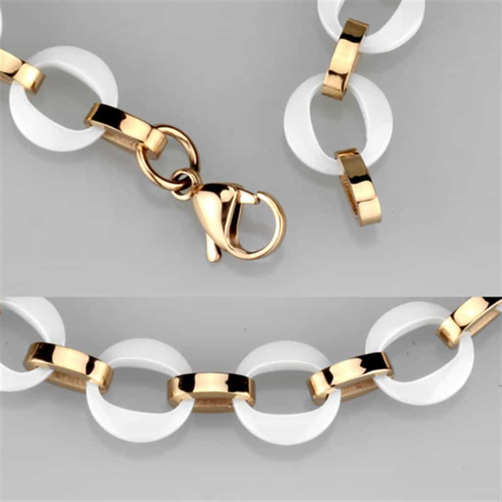 Stainless Steel White Ceramic Bead Gold Bar Bracelet view 2