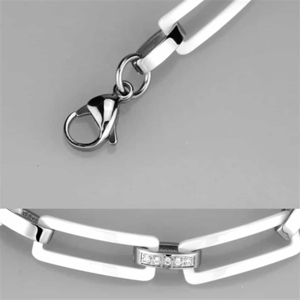 Stainless Steel White Ceramic Rectangle Silver Link Bracelet view 2