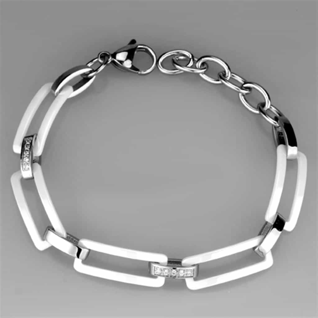 Stainless Steel White Ceramic Rectangle Silver Link Bracelet view 3