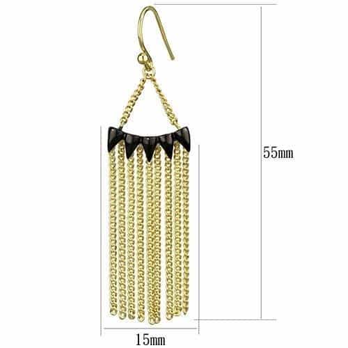 Brass Gold Chain Fringe Triangle Black Spike Earrings view 2