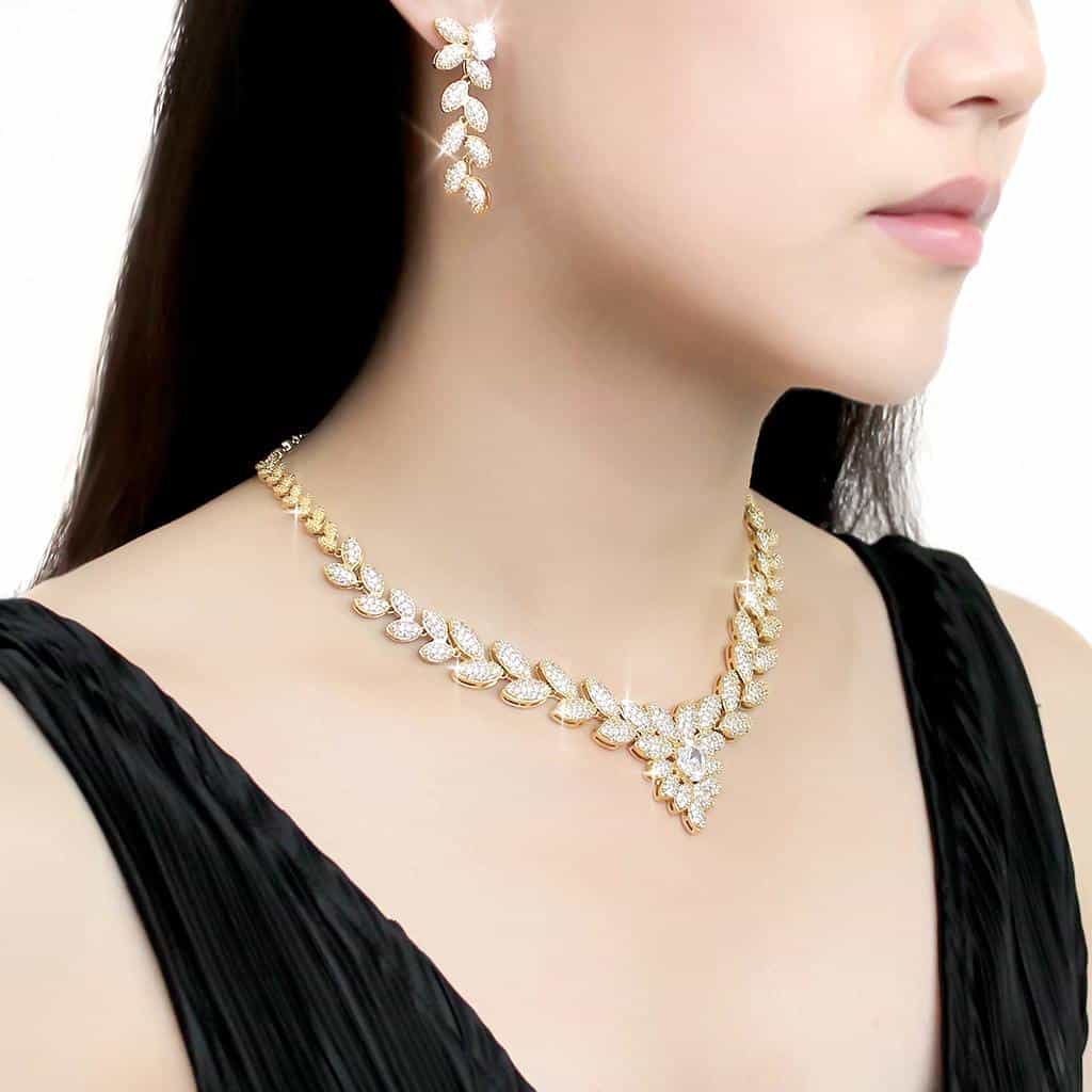 Brass Gold CZ Leaf Vine Collar Set | The Stainless Jewelry view 6