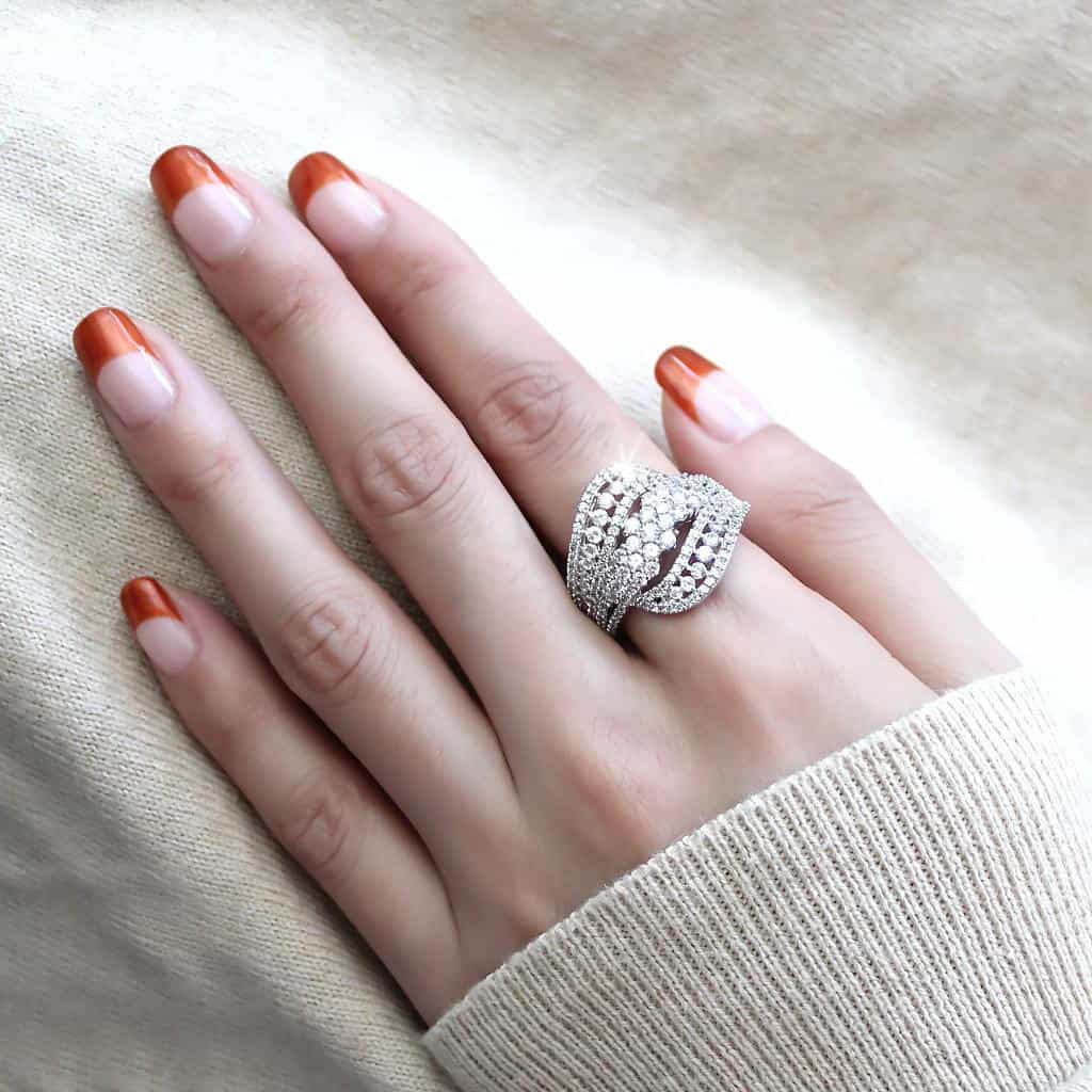 Brass CZ Multi-Row Leaf Feather Wide Ring | The Stainless Jewelry view 5