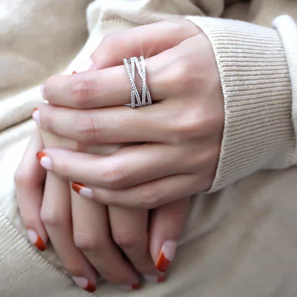 Brass CZ Triple Row Pavé Crossover Ring | The Stainless Jewelry view 10