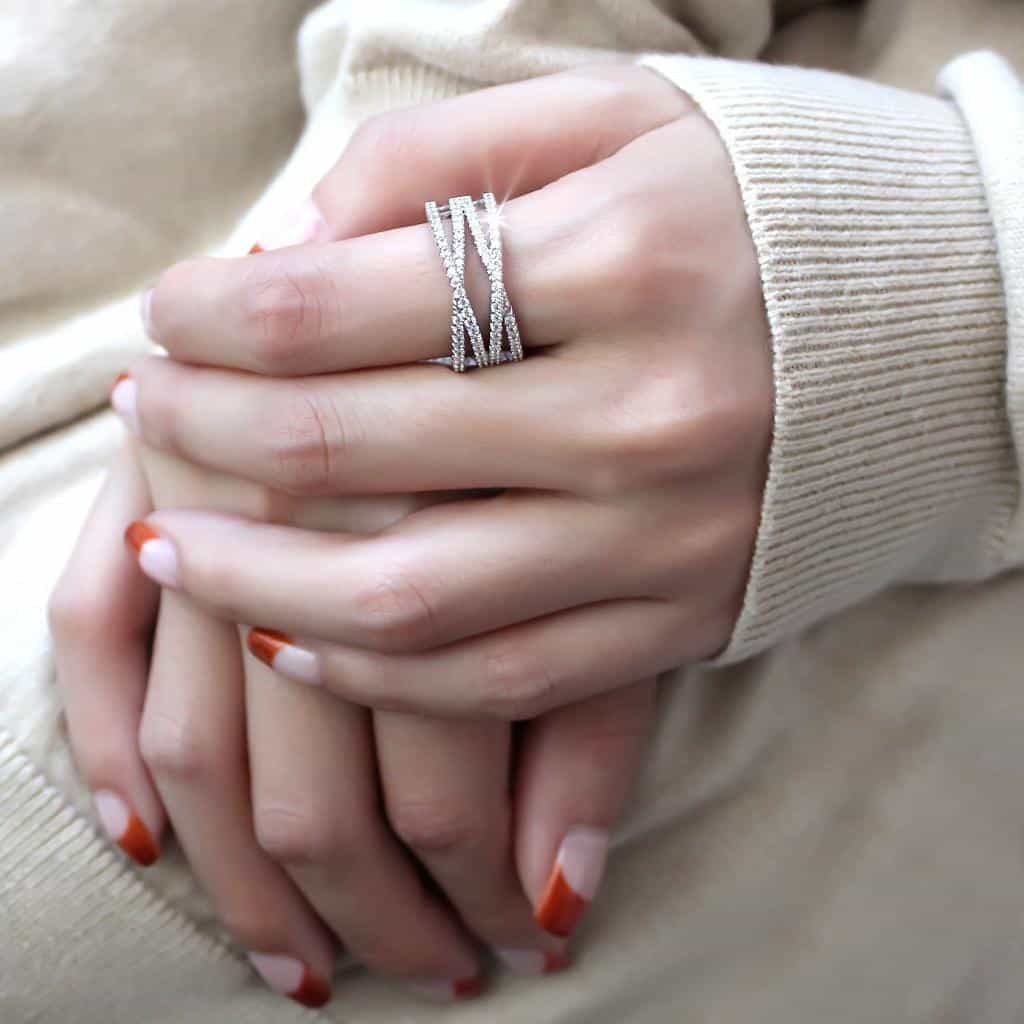 Brass CZ Triple Row Pavé Crossover Ring | The Stainless Jewelry view 5