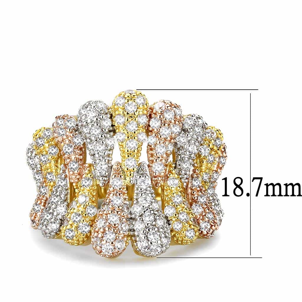 Brass Tri-Tone CZ Cluster Crossover Wide Ring view 7