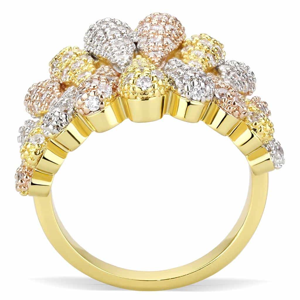 Brass Tri-Tone CZ Cluster Crossover Wide Ring view 3