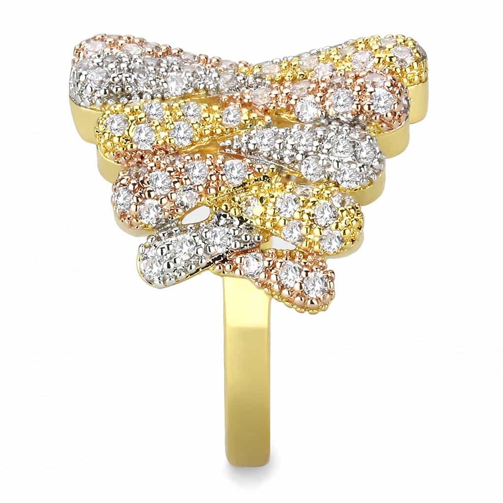 Brass Tri-Tone CZ Cluster Crossover Wide Ring view 9