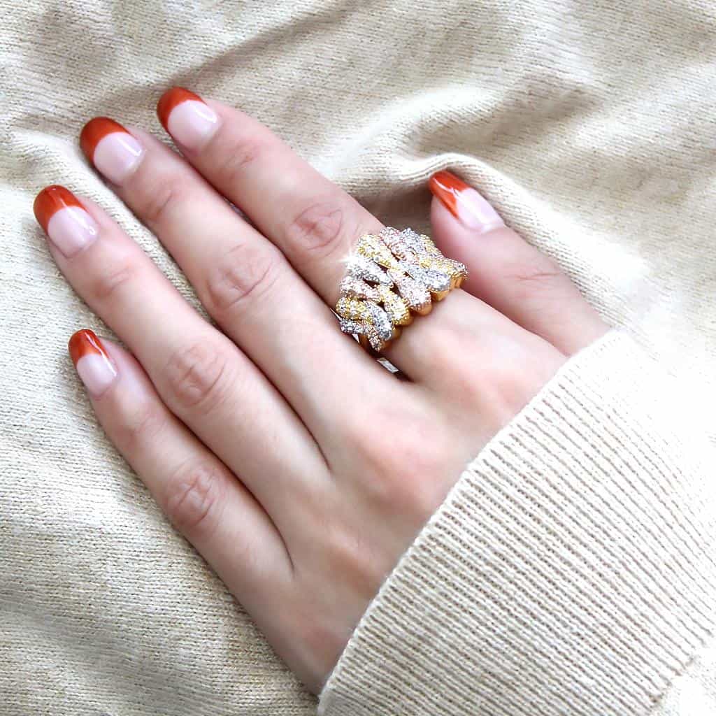 Brass Tri-Tone CZ Cluster Crossover Wide Ring view 10