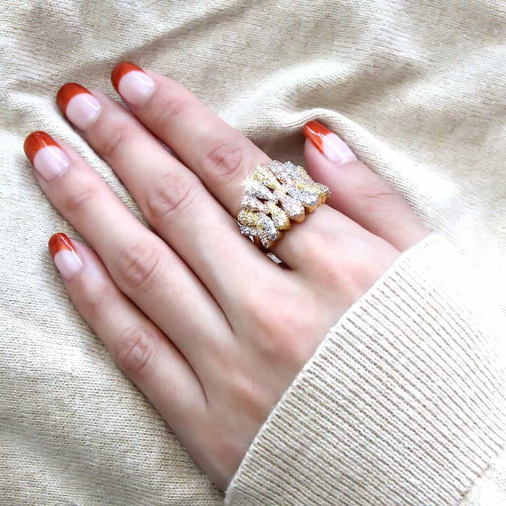 Brass Tri-Tone CZ Cluster Crossover Wide Ring view 5