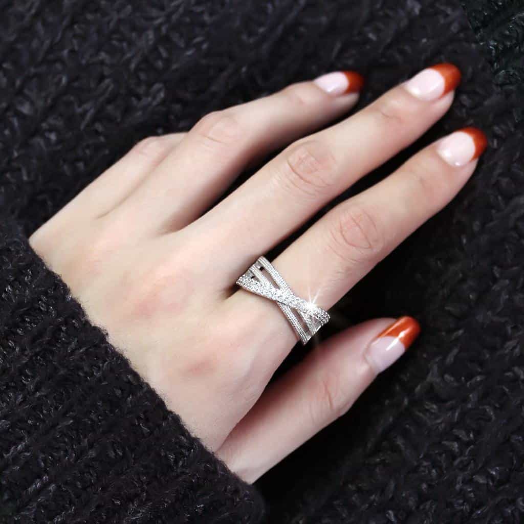 Brass CZ Milgrain Pavé Crossover Wide Ring view 10