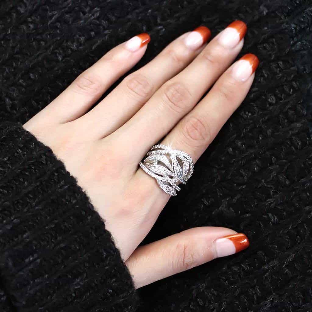 Brass CZ Pavé Leaf Feather Wide Ring | The Stainless Jewelry view 5