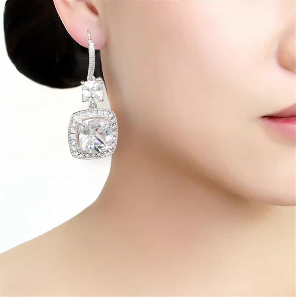 Brass CZ Princess-Cut Halo Hook Drop Earrings view 3