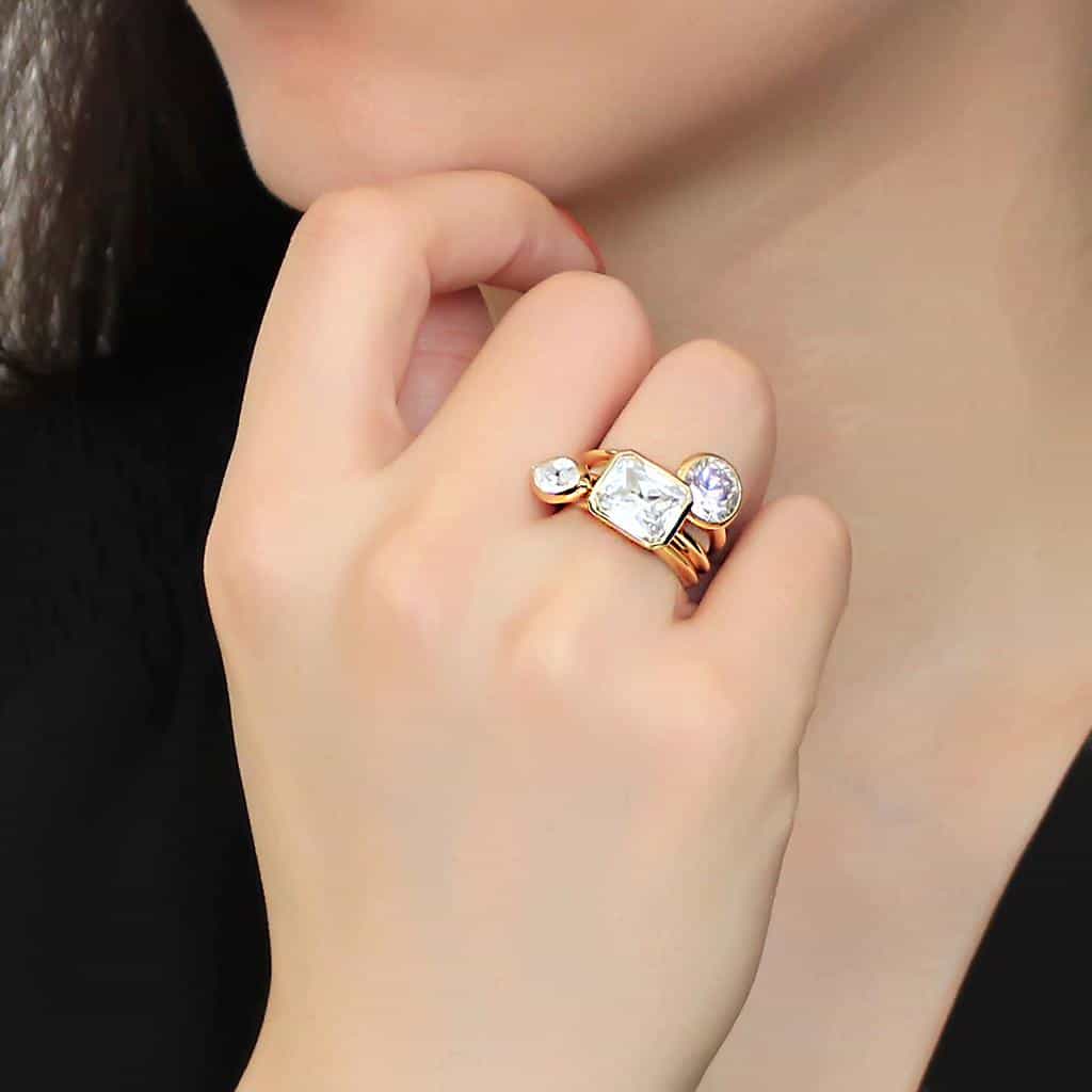 Brass Gold CZ Princess Bezel Two-Stone Stack Ring view 5