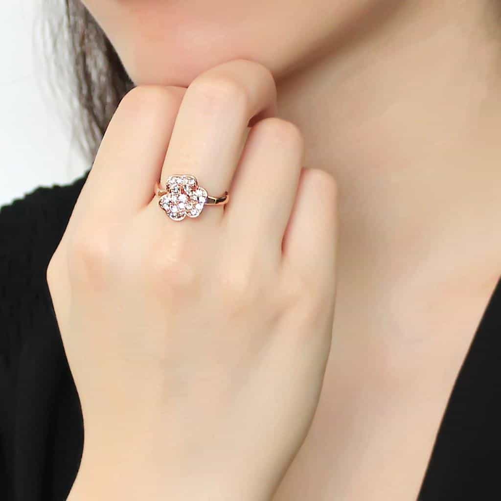 Brass Rose Gold CZ Camellia Flower Ring | The Stainless Jewelry view 5