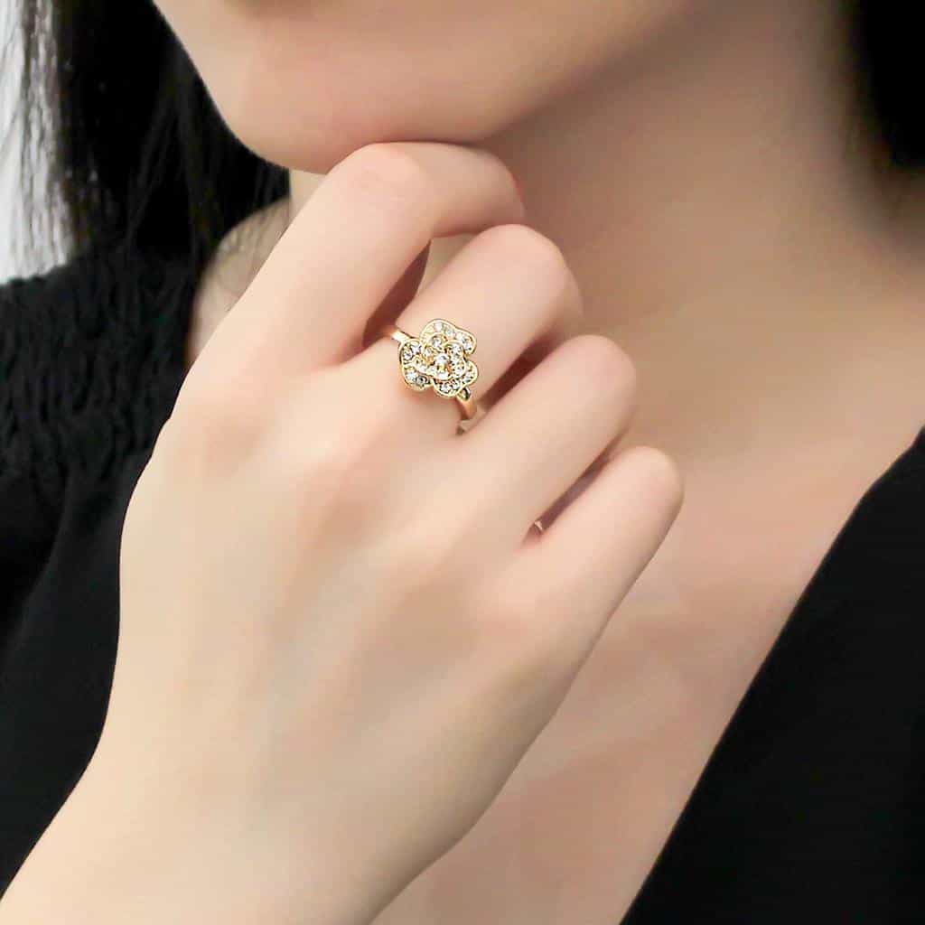 Brass Gold CZ Camellia Flower Ring | The Stainless Jewelry view 5