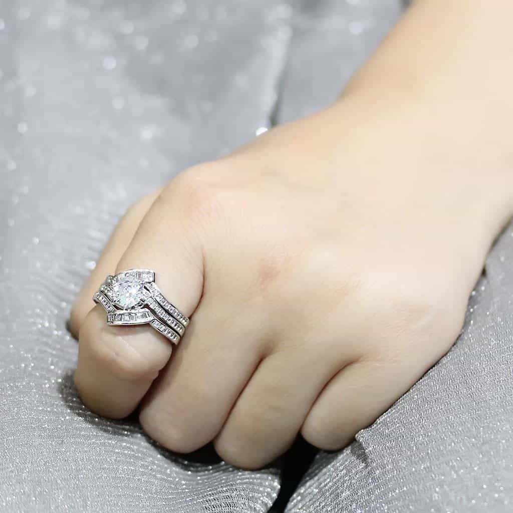 Brass CZ Round Solitaire Baguette Bridal Ring view 10