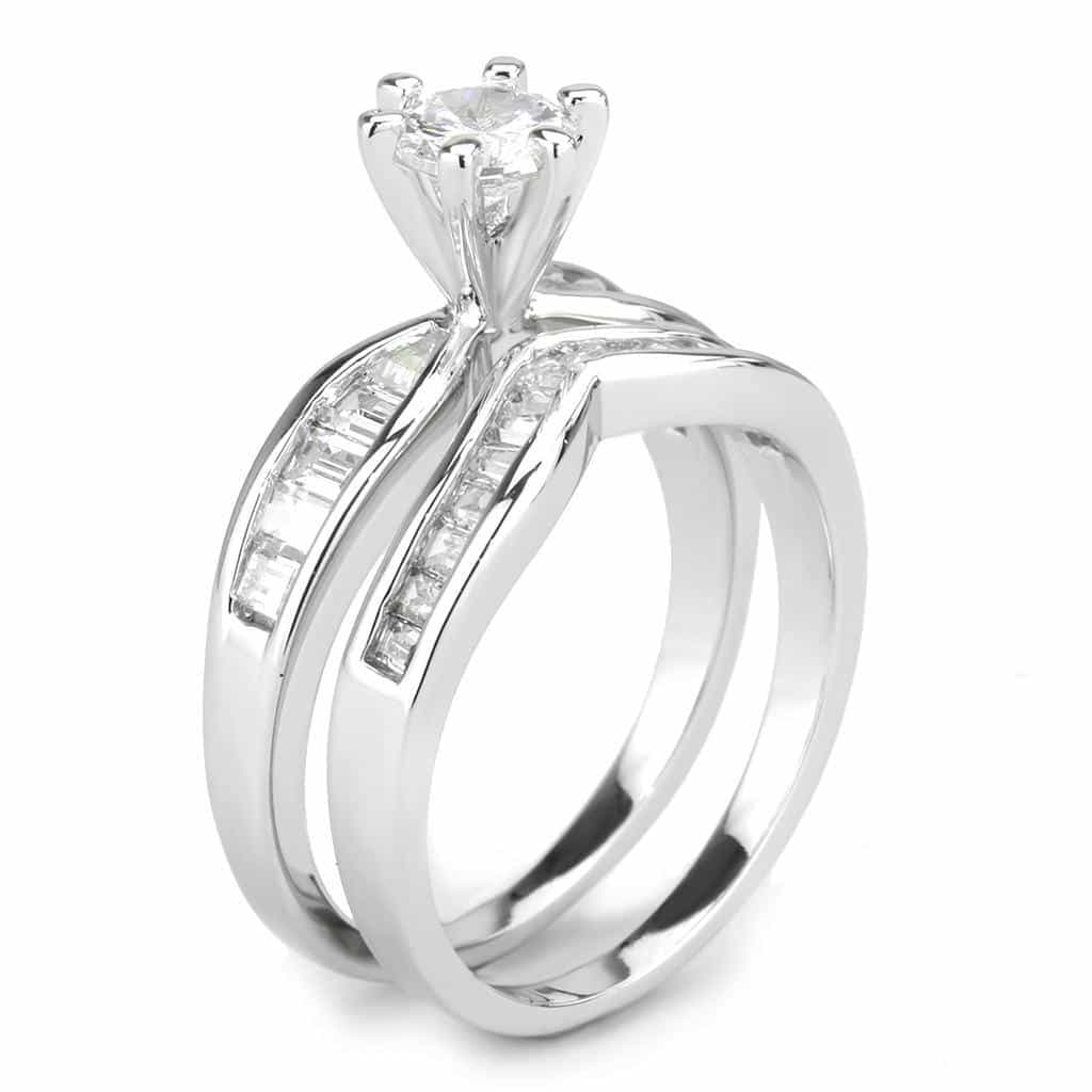 Brass CZ Round Solitaire Baguette Channel Bridal Ring view 4