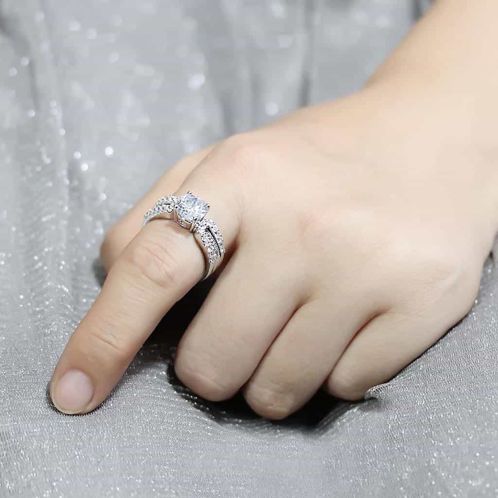 Brass CZ Round Solitaire Pavé Triple Band Bridal Ring view 10