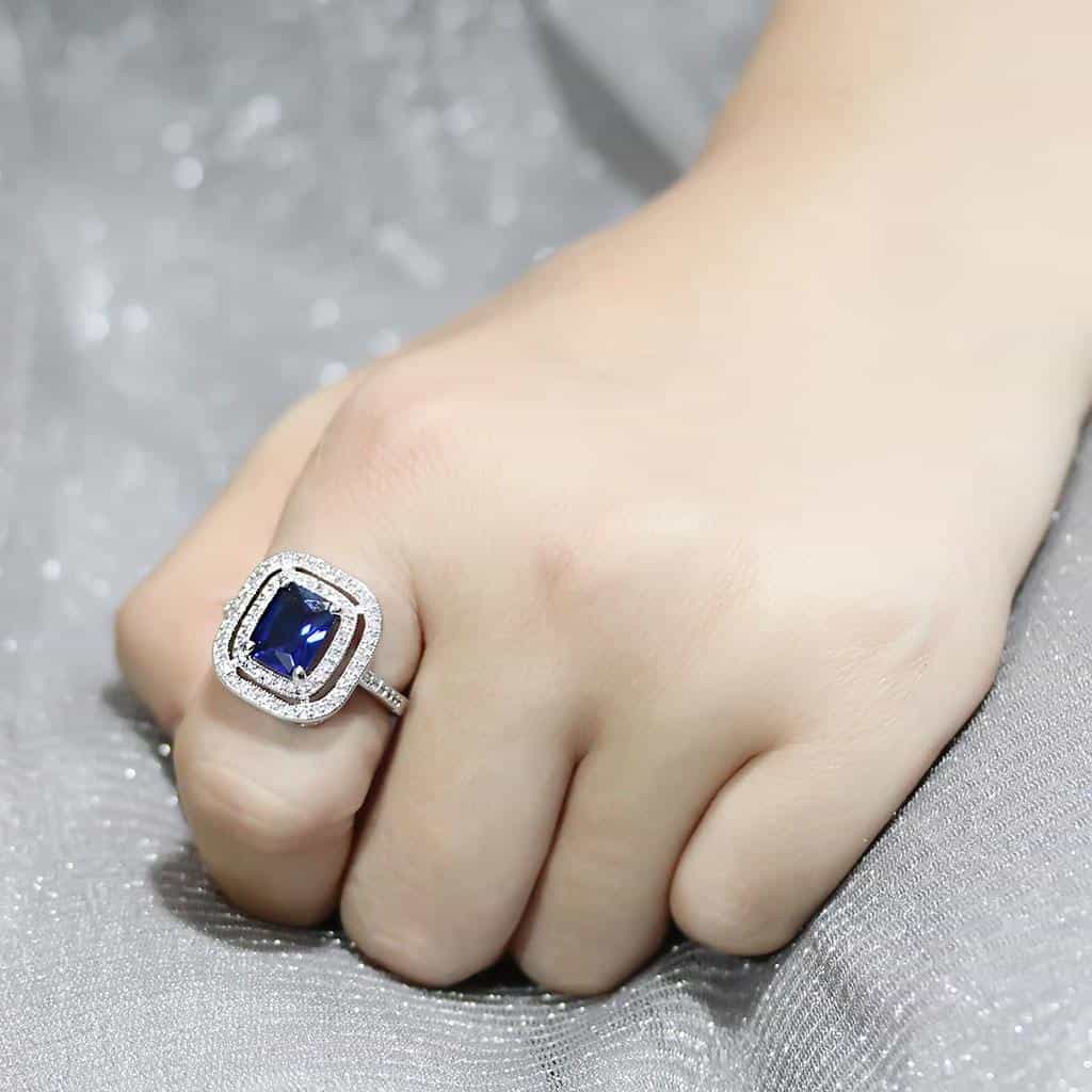 Brass Sapphire Princess-Cut Double Halo Ring view 10