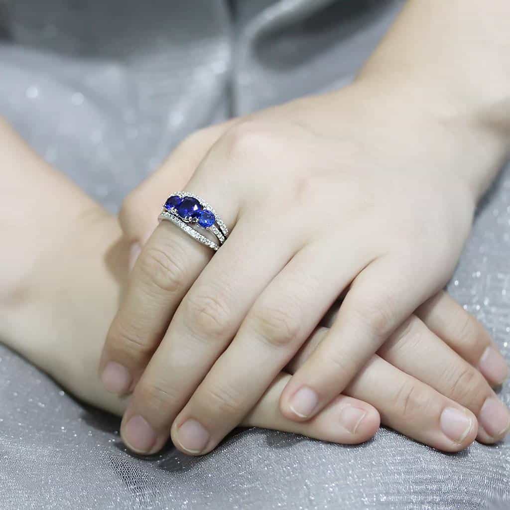 Brass Sapphire Round Three-Stone Pavé Ring view 5
