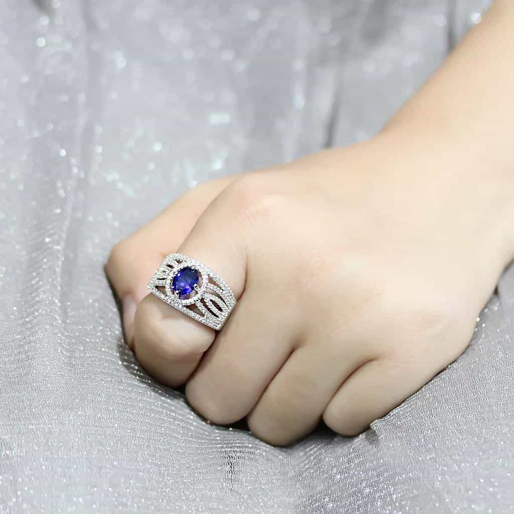 Brass Sapphire Round Halo Split Shank Ring view 5