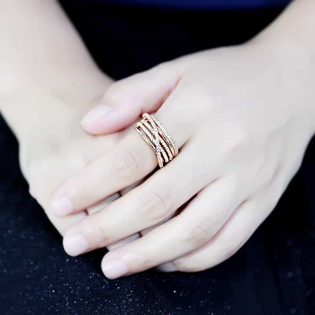 Brass Rose Gold CZ Multi-Row Wave Wide Ring view 12