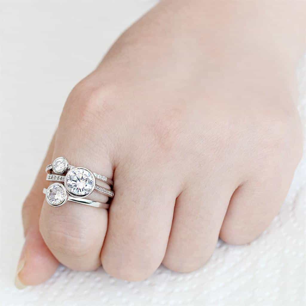 Brass CZ Round Bezel Triple Stack Bridal Ring view 7