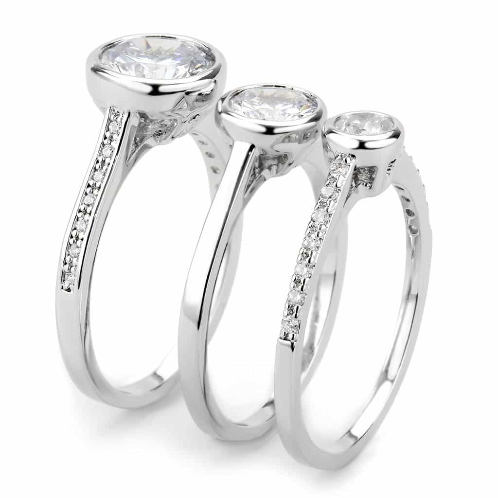 Brass CZ Round Bezel Triple Stack Bridal Ring view 10